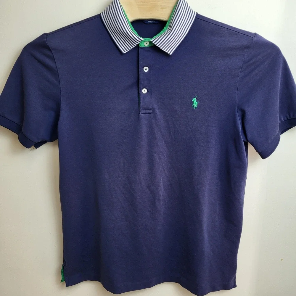 Ralph Lauren Polo Golf Pro Fit  Men's Large Navy Green Striped Collar Polo Shirt